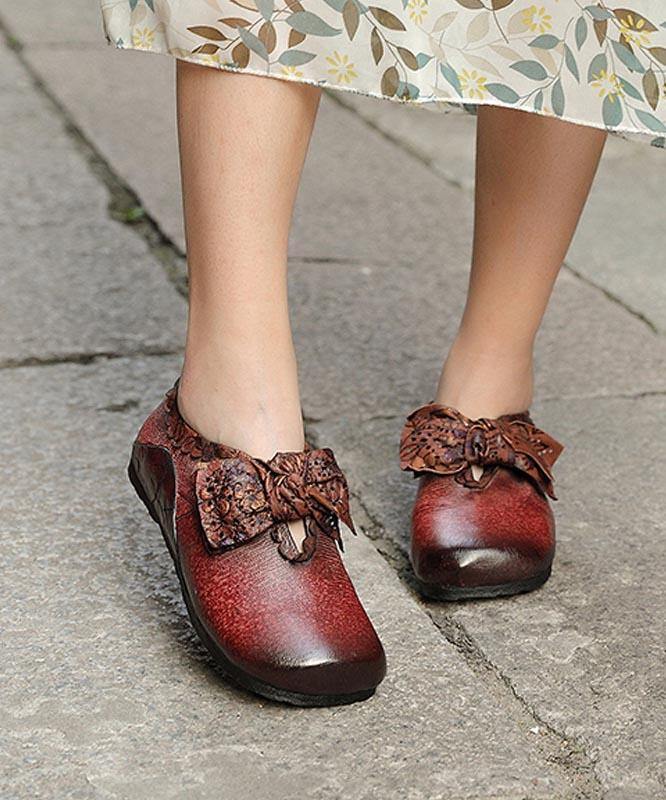 Red Flat Shoes Cowhide Leather Fashion Splicing Flat Shoes - SooLinen