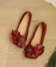 Red Flat Shoes For Women Cowhide Leather Boho Splicing Floral