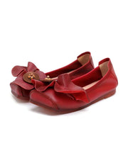 Red Flat Shoes For Women Cowhide Leather Boho Splicing Floral