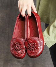 Red Floral Cowhide Leather Flat Shoes For Women  Flat - SooLinen