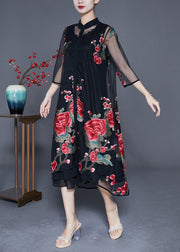 Red Floral Embroidered Tulle Two Piece Set Hollow Out Slim Fit Summer
