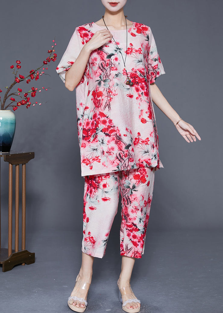 Red Floral Linen Silk Women Sets 2 Pieces Oversized Summer