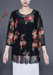 Red Floral Print Chiffon Blouse Tops O-Neck Zircon Summer