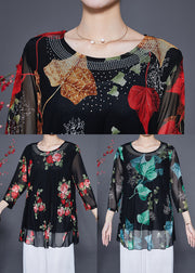Red Floral Print Chiffon Blouse Tops O-Neck Zircon Summer