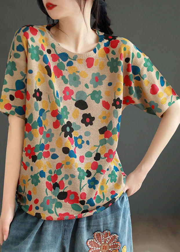 Red Floral Print Patchwork Cotton T Shirt Top O Neck Summer