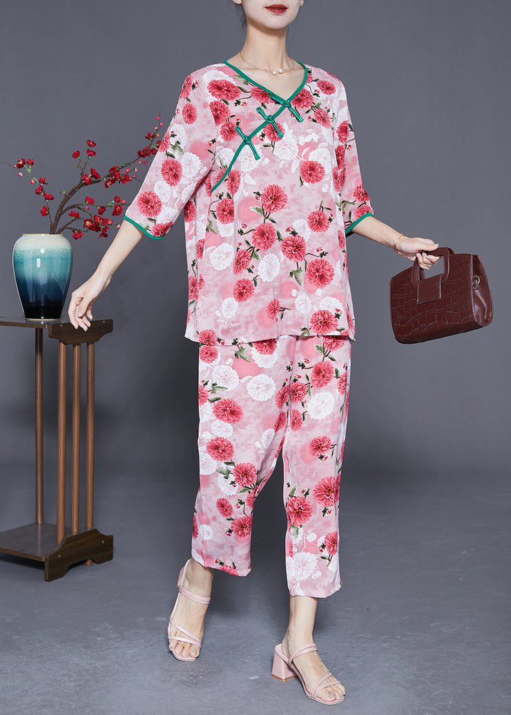 Red Floral Print Silk Two Pieces Set V Neck Chinese Button Half Sleeve