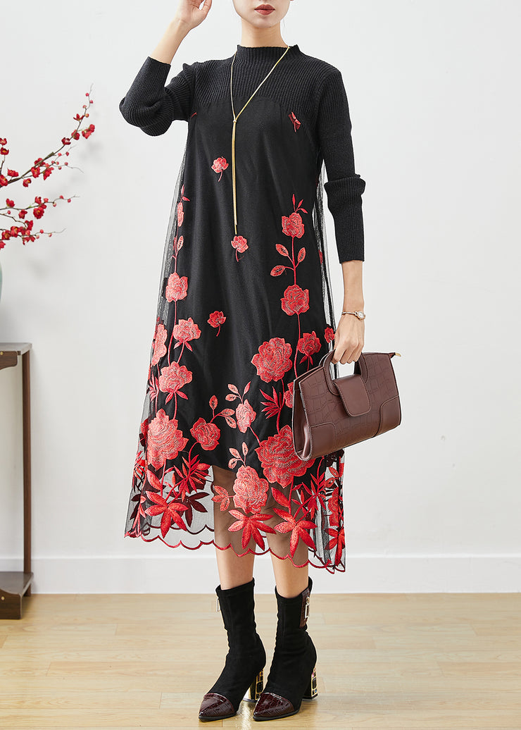 Red Floral Silm Fit Knit Long Dress Embroidered Fall