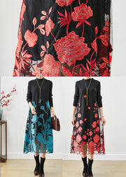 Red Floral Silm Fit Knit Long Dress Embroidered Fall