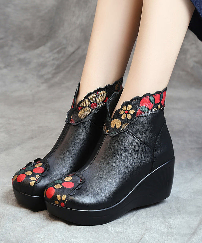 Red Floral Splicing Cowhide Leather Ankle Boots Wedge