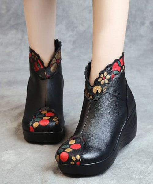Red Floral Splicing Cowhide Leather Ankle Boots Wedge