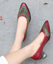 Red High Heels Chunky Genuine Leather Plus Size Pointed Toe High Heels - SooLinen