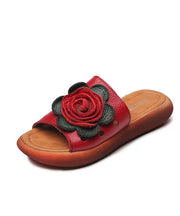 Red Hollow Out Splicing Cowhide Leather Peep Toe Slide Sandals