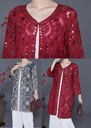 Red Hollow Out Tulle UPF 50+ Cardigans Embroidered Summer