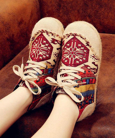 Red Jacquard Cotton Linen Fabric For Women Splicing Flat Feet Shoes - SooLinen