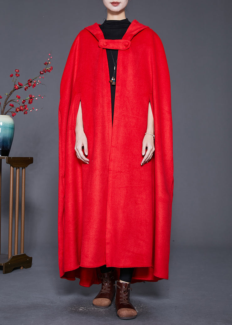 Red Lengthen Woolen Trench Coats Hooded Cloak Sleeves