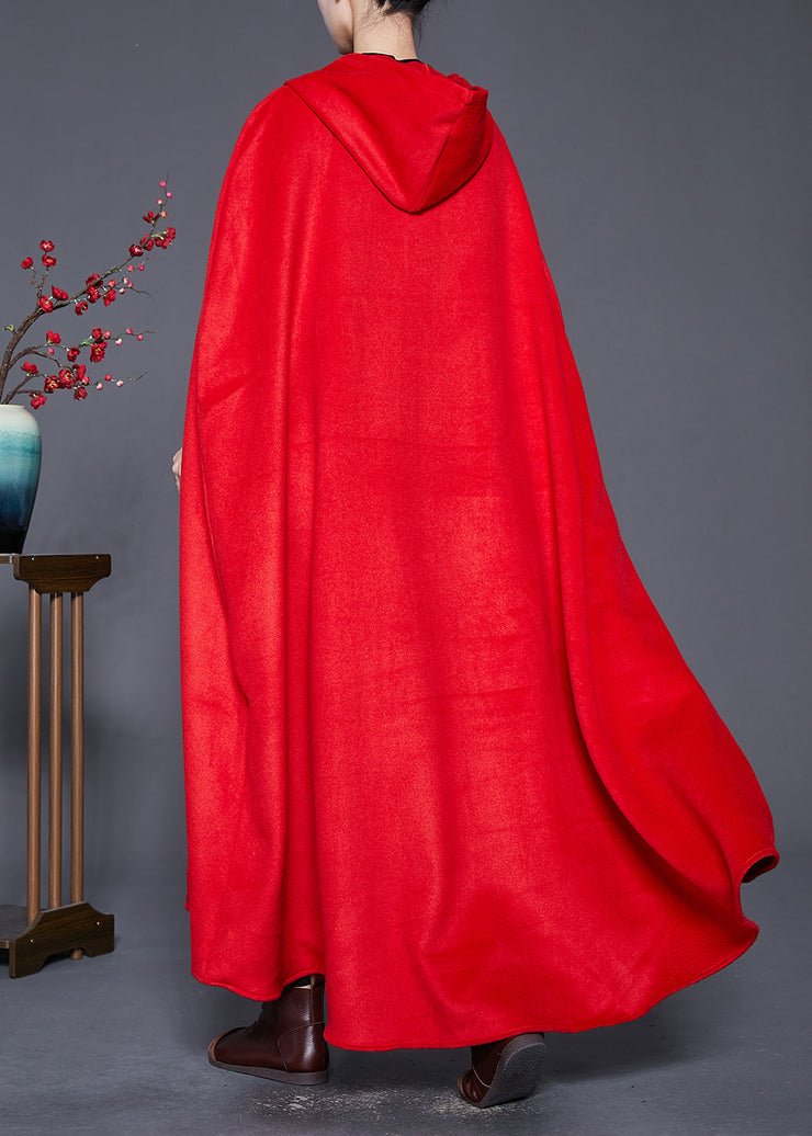 Red Lengthen Woolen Trench Coats Hooded Cloak Sleeves