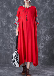 Red Linen Dresses Embroidered Exra Large Hem Half Sleeve