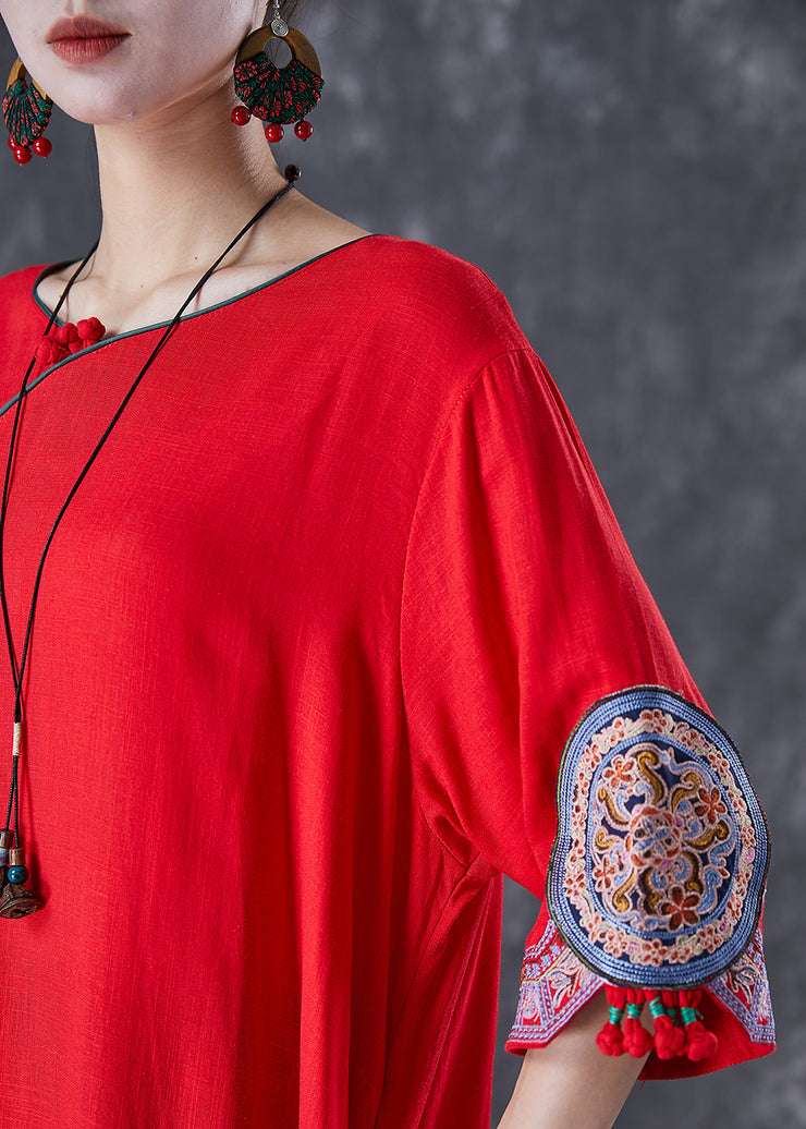 Red Linen Dresses Embroidered Exra Large Hem Half Sleeve