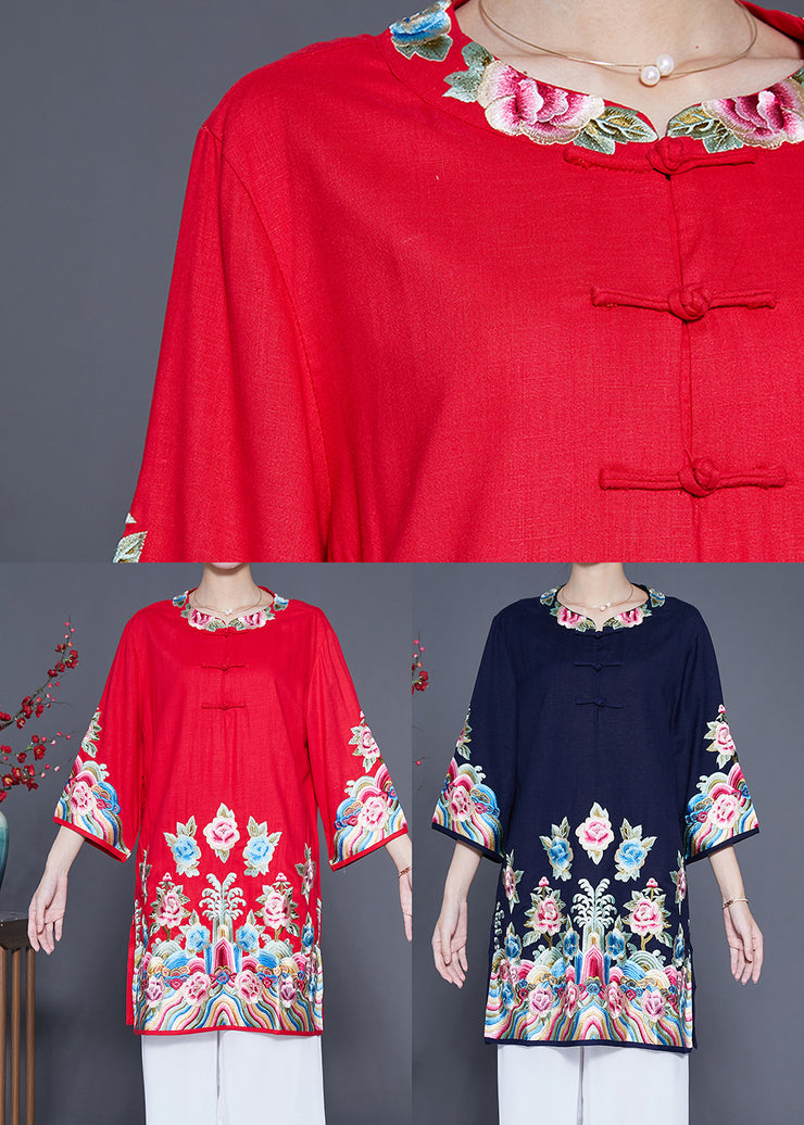 Red Linen Shirt Tops Embroidered Chinese Button Summer
