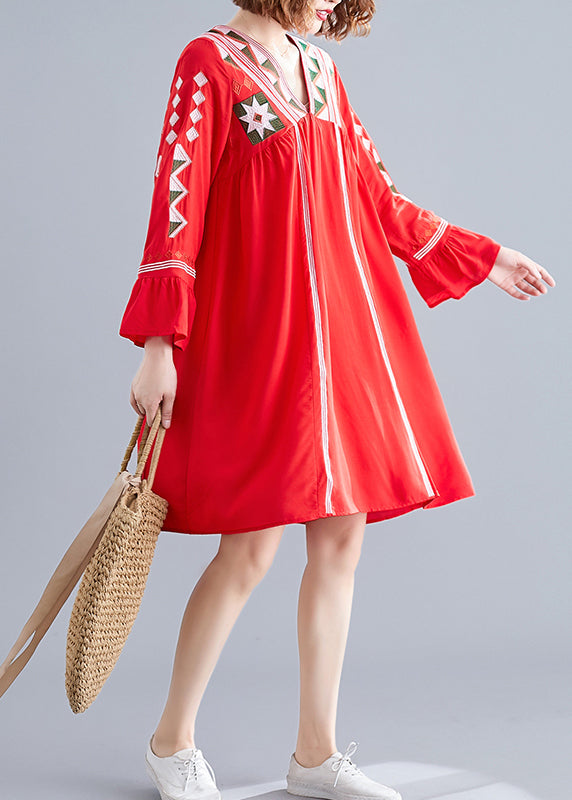 Red Loose Beach Dresses wrinkled Flare sleeve