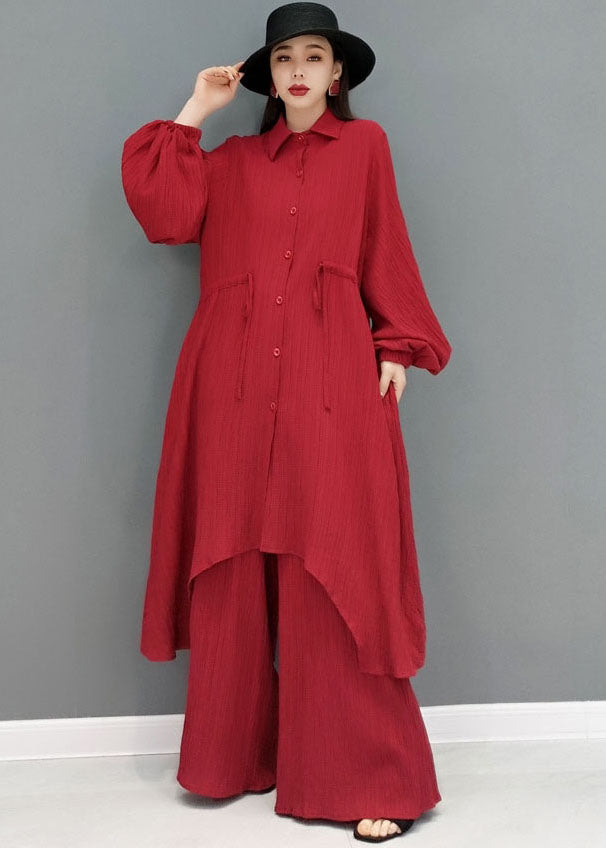 Rotes, lockeres, langes Baumwollhemd und gerade Hosen, zweiteiliges Set mit Taillenbund
