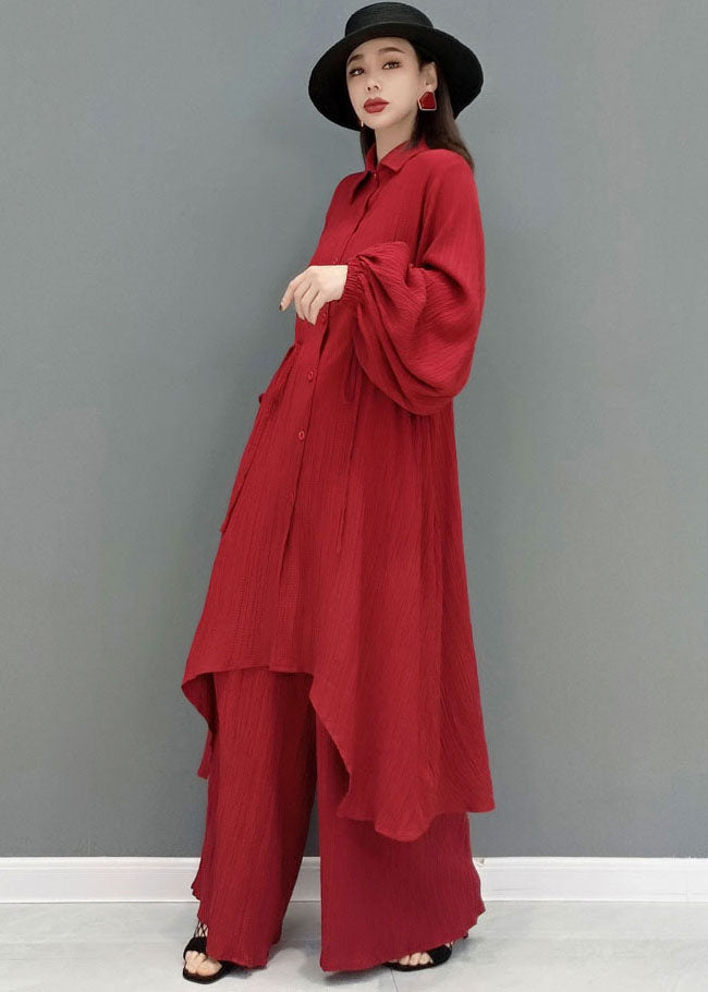 Rotes, lockeres, langes Baumwollhemd und gerade Hosen, zweiteiliges Set mit Taillenbund