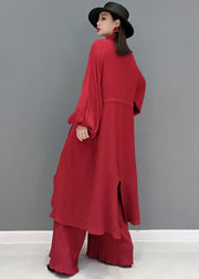 Red Loose Cotton Long Shirt And Straight Pants Two Pieces Set Tie Waist Spring