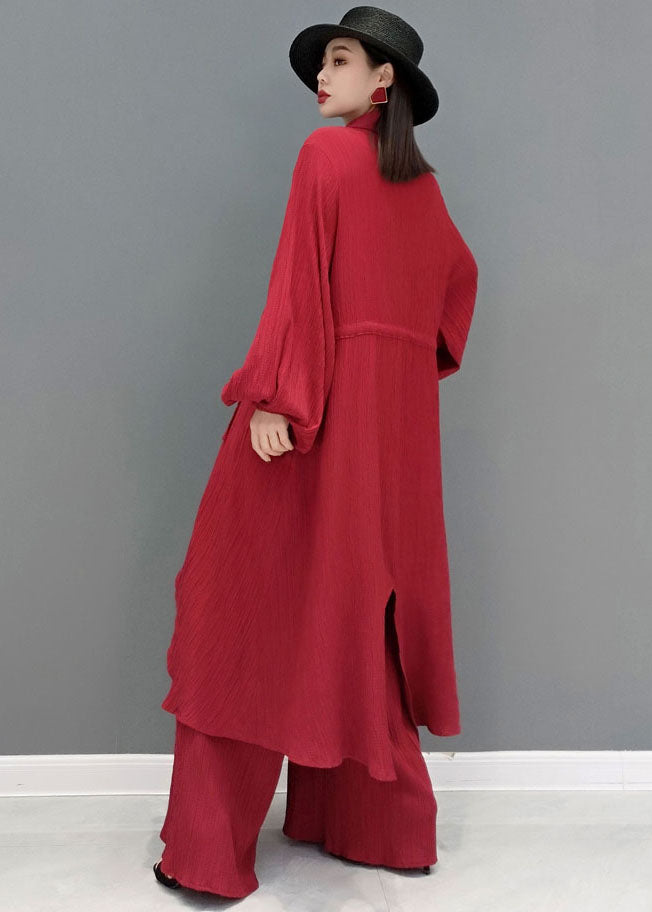 Red Loose Cotton Long Shirt And Straight Pants Two Pieces Set Tie Waist Spring