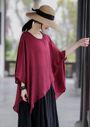 Red Loose Cotton Tank Tops Asymmetrical Design Batwing Sleeve