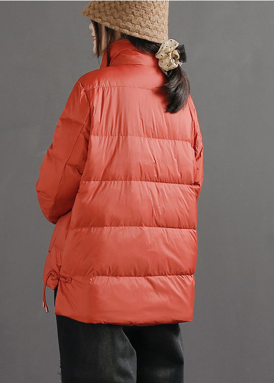 Red Loose Duck Down Puffer Jacket Chinese Button Winter