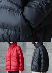 Red Loose Duck Down Puffers Jackets Stand Collar Zip Up Winter
