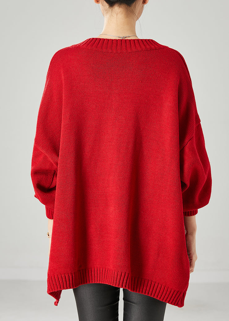 Red Loose Knit Sweater Tops Zip Up Side Open Spring