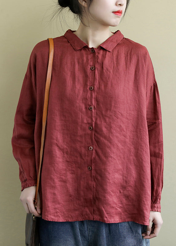 Red Loose Linen Shirt Tops Peter Pan Collar Button Spring