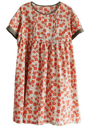 Red Loose O-Neck Print Summer Cotton Sundress Short Sleeve - SooLinen