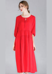 Red Loose Wrinkled Spring Holiday Dress Three Quarter Sleeve - SooLinen