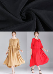 Red Loose Wrinkled Spring Holiday Dress Three Quarter Sleeve - SooLinen