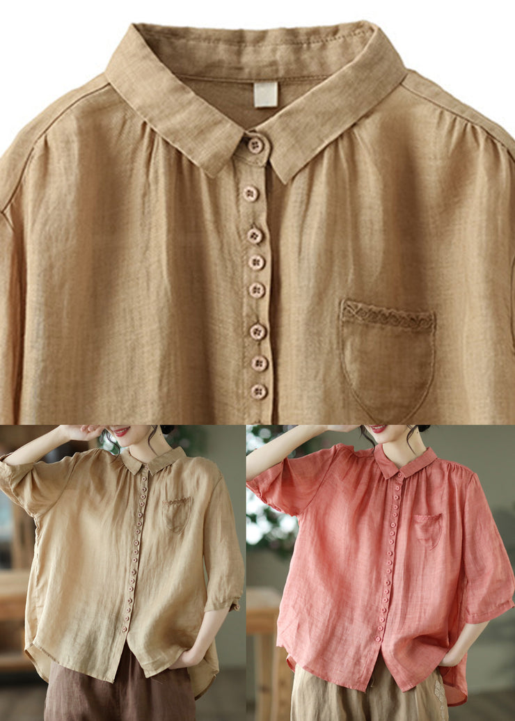 Red Low High Design Solid Linen Shirt Half Sleeve