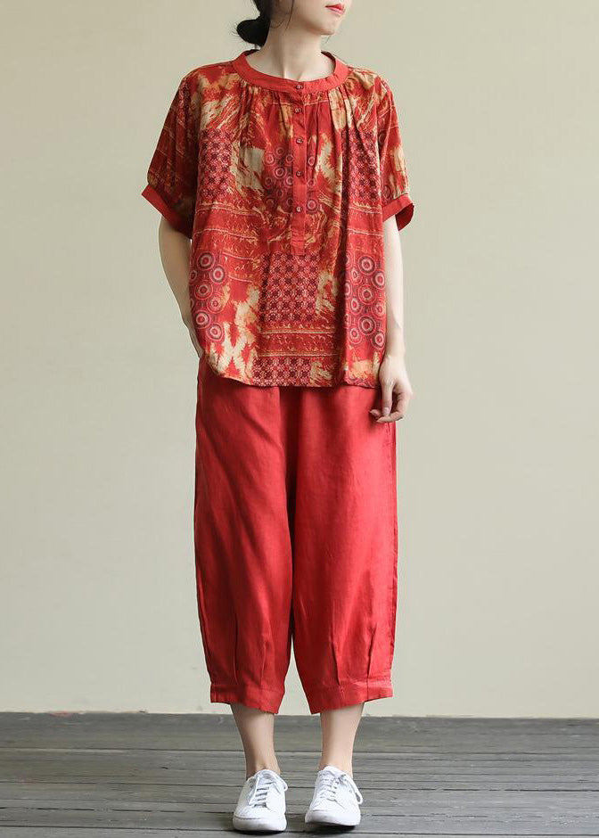 Red O-Neck Button Top And Harem Pants Two Pieces Set Short Sleeve