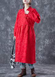 Red Oriental Linen Long Dress Chinese Button Tassel Spring