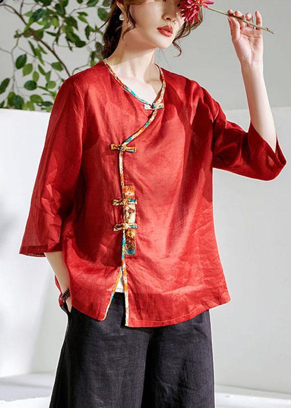 Red Oriental O-Neck Summer Ramie Shirts - SooLinen