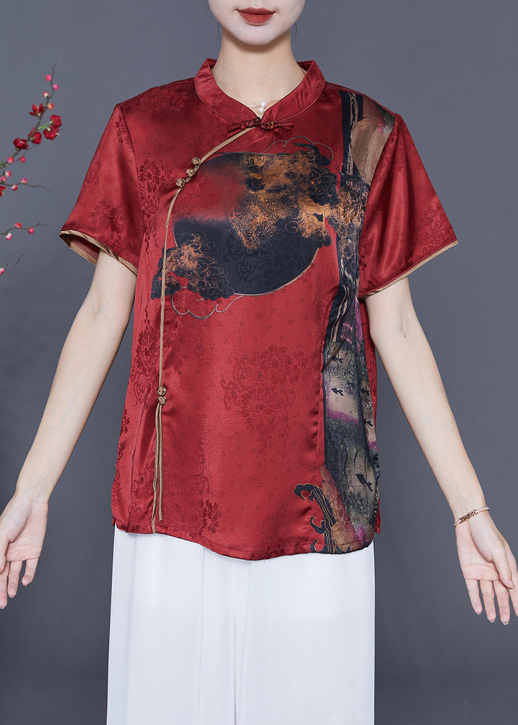 Red Oriental Silk Shirt Stand Collar Chinese Button Summer