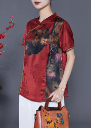 Red Oriental Silk Shirt Stand Collar Chinese Button Summer