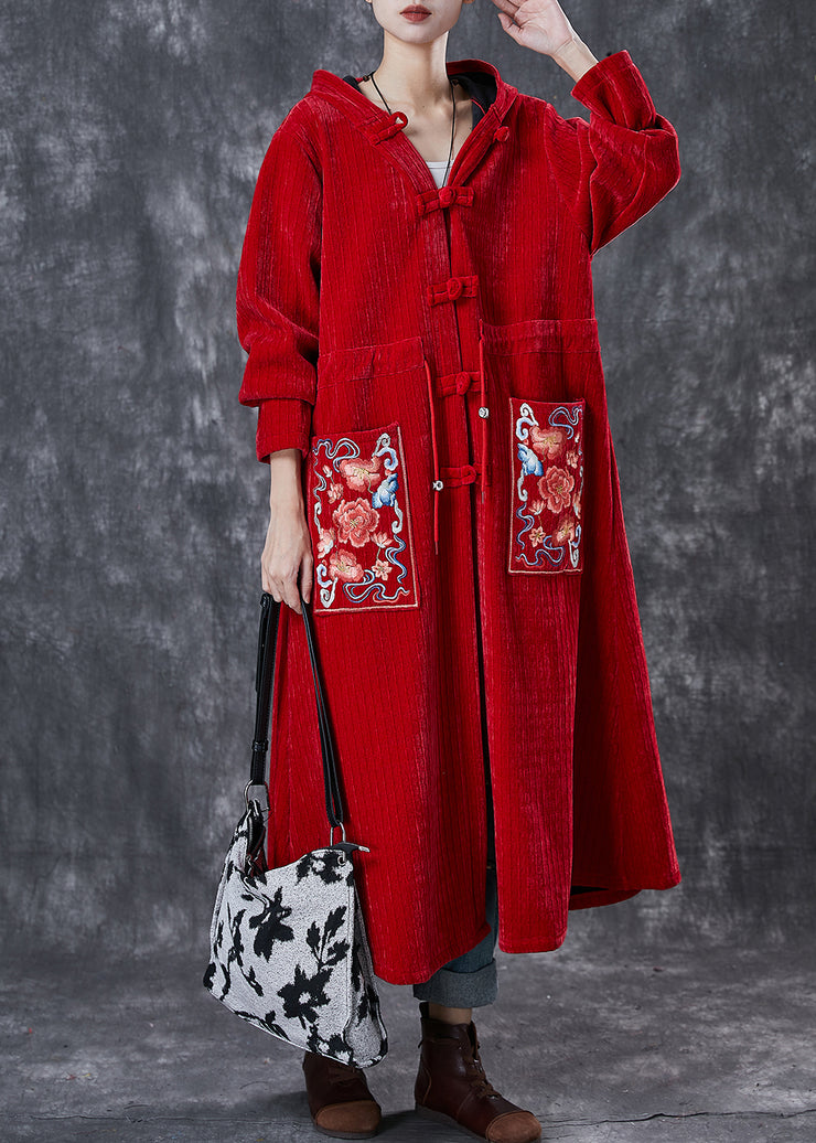 Red Oriental Warm Fleece Corduroy Trench Coat Embroidered Winter