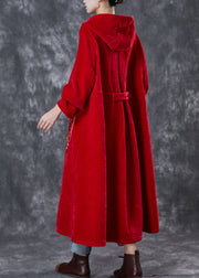 Red Oriental Warm Fleece Corduroy Trench Coat Embroidered Winter
