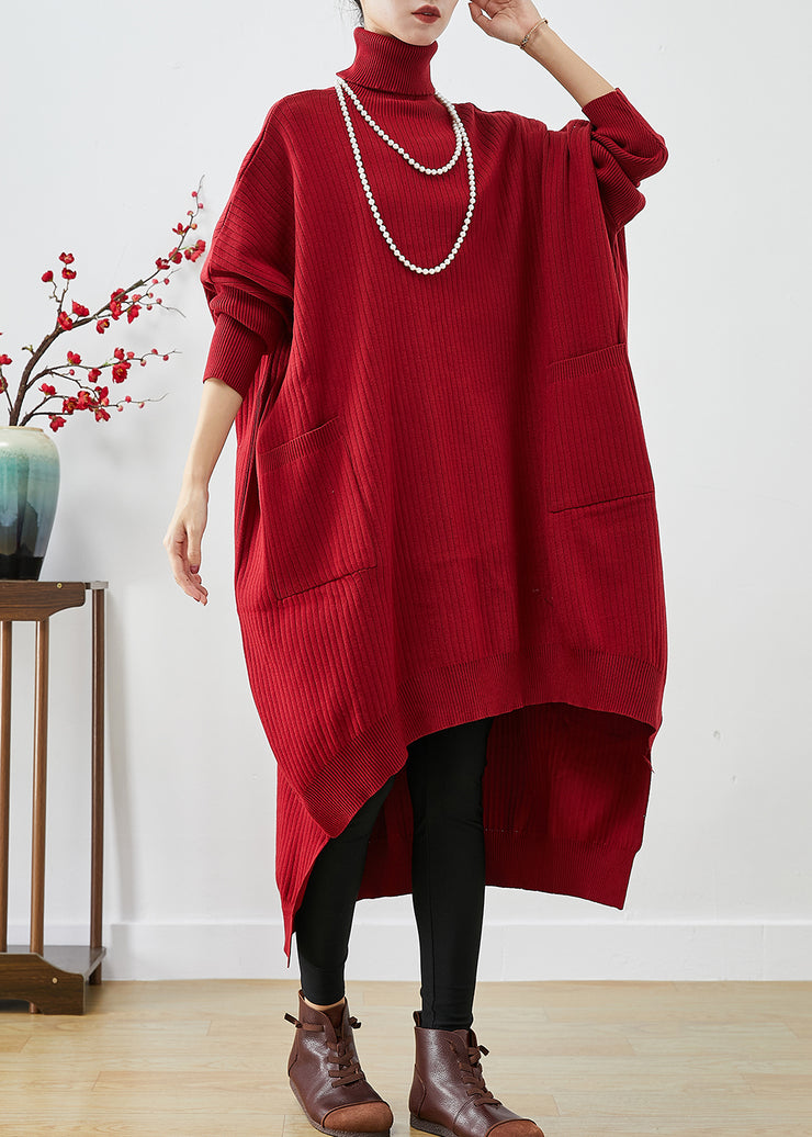 Red Oversized Knit Sweater Dress Turtle Neck Asymmetrical Batwing Sleeve