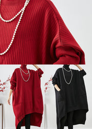 Red Oversized Knit Sweater Dress Turtle Neck Asymmetrical Batwing Sleeve