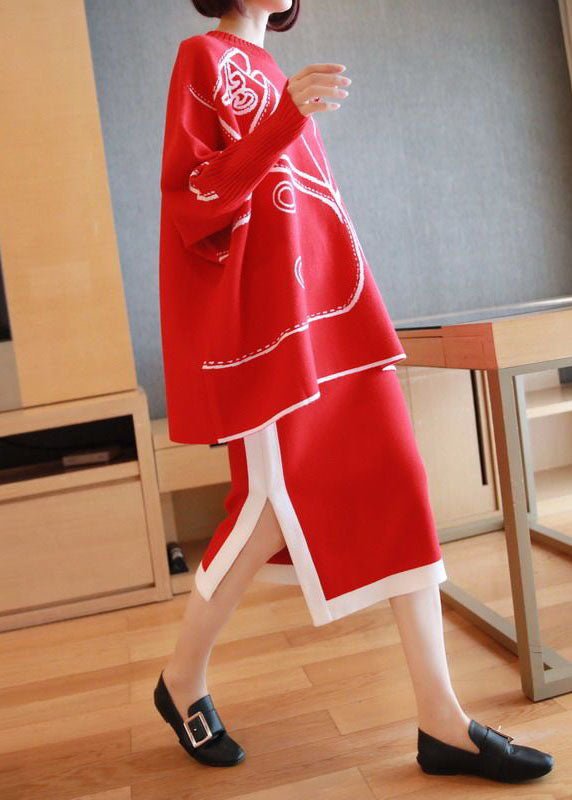 Red Oversized Knit Two Pieces Set O-Neck Side Open Batwing Sleeve