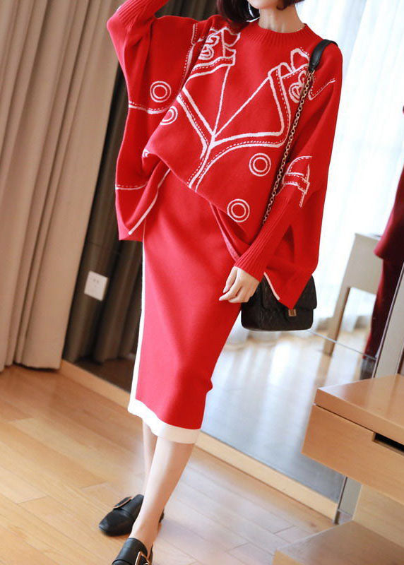 Red Oversized Knit Two Pieces Set O-Neck Side Open Batwing Sleeve