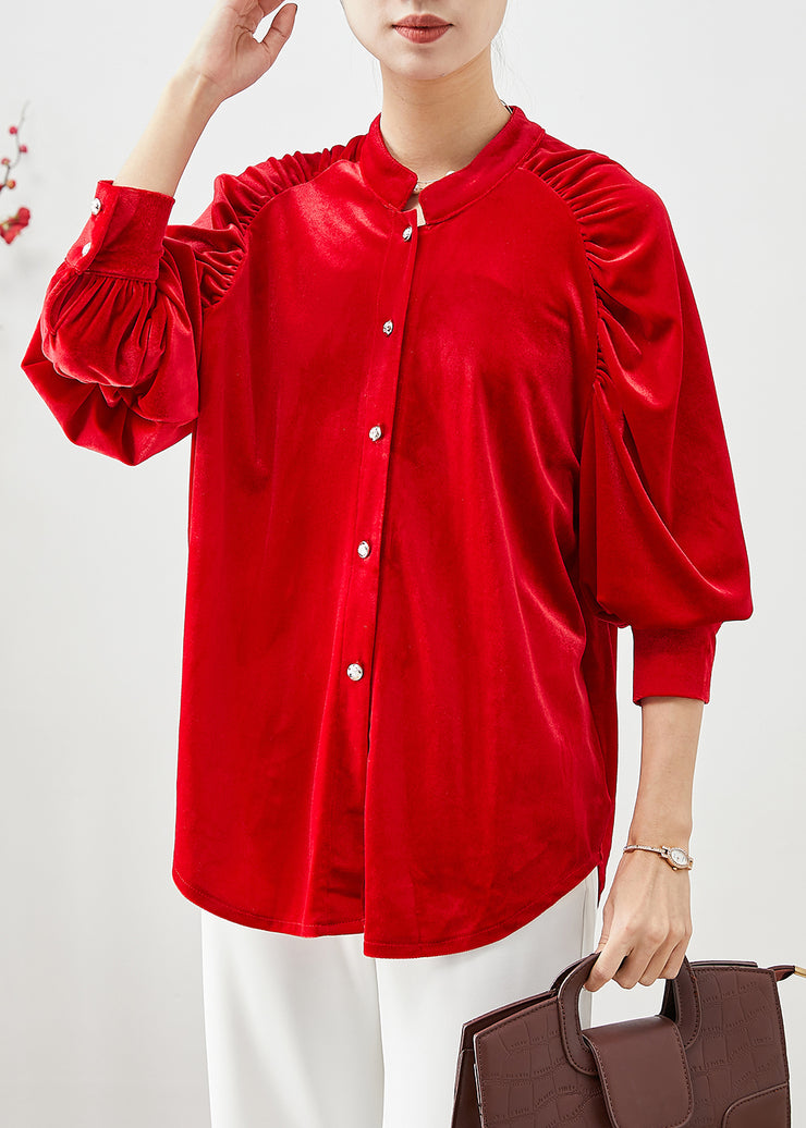 Red Oversized Silk Velour Tops Stand Collar Wrinkled Fall