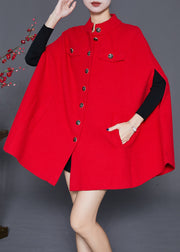 Red Oversized Woolen Coats Metal Buttons Cloak Sleeves